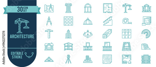 Architecture and Construction Icon Set with 30 Editable Stroke Vector Icons for Building, Design and Engineering