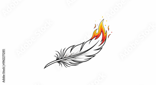 A white feather with a burning tip, emitting sparks against a plain background