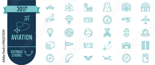 Aviation and Airport Icon Set with 30 Editable Stroke Vector Icons for Flight, Travel and Aircraft