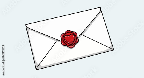 A white envelope sealed with a red wax stamp in the shape of a heart