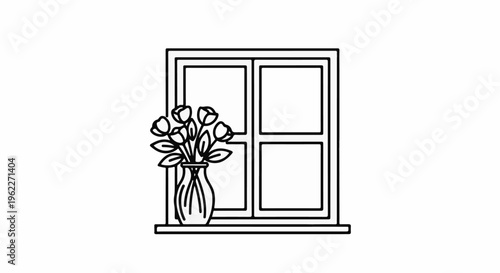 Black and white line drawing of a vase with flowers on a windowsill