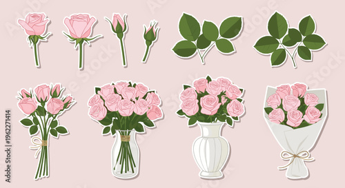 Selection of pink rose stickers featuring single blooms, buds, green leaves, and various bouquet arrangements in vases and wraps.