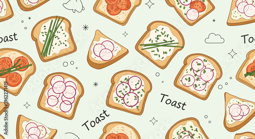 Vibrant seamless pattern featuring various types of healthy breakfast toast with avocado, tomato, radish, and cream cheese.