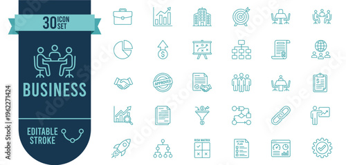 Business and Corporate Icon Set with 30 Editable Stroke Vector Icons for Office, Management and Strategy