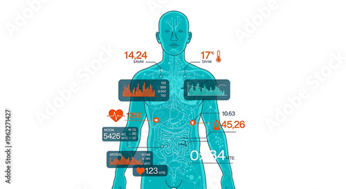 A futuristic vector graphic illustration of a human body with various health metrics and biometric data displayed on it