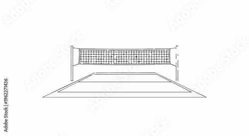 Black and white line drawing of a volleyball court and net