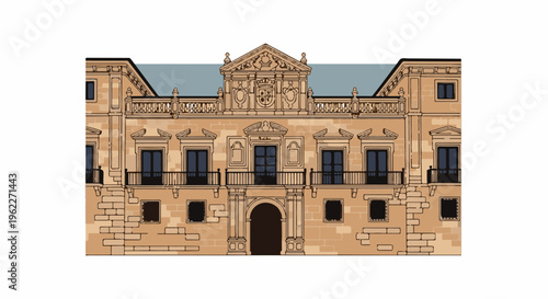 An ornate tan stone building facade with a central archway, multiple windows, balconies, and decorative elements