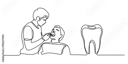 Continuous line drawing of a dentist examining a patient's mouth with a large tooth icon. Vector, illustration