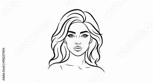 Black and white line drawing of a woman's face with flowing hair
