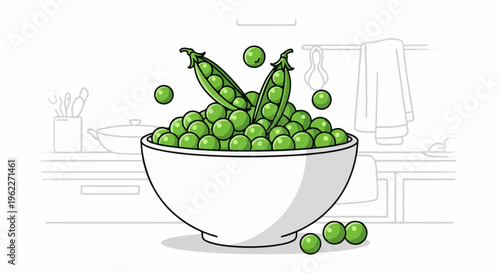 A white bowl overflows with green peas and pods on a kitchen counter