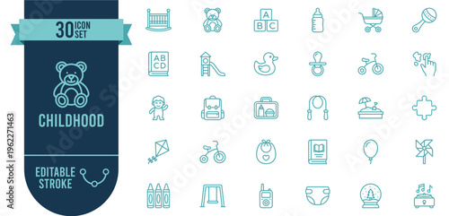 Childhood and Kids Icon Set with 30 Editable Stroke Vector Icons for Toys, Baby and Child Development