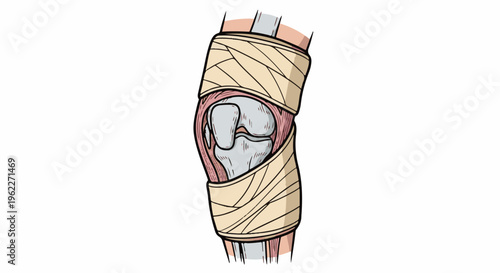 Anatomical illustration of a bandaged knee joint with exposed bone, muscle, and tendons