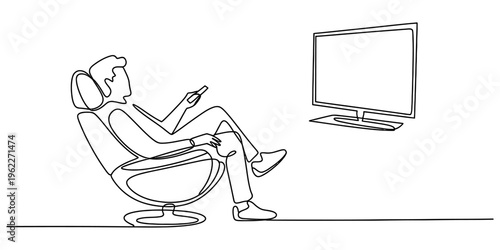 A man sitting in a comfortable chair and watching television in continuous line art style. Vector, illustration