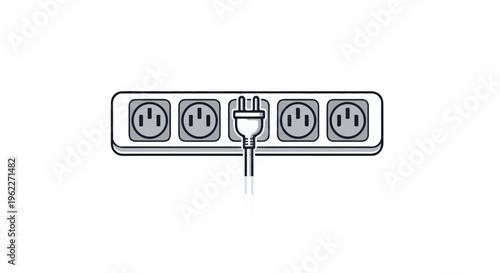 A white power strip with five outlets, one with a plug