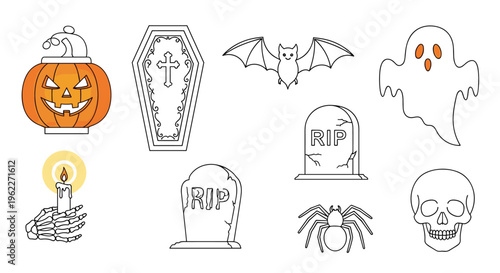 Diverse set of Halloween icons featuring a pumpkin, coffin, bat, ghost, skull, tombstone, spider, and a skeletal hand.