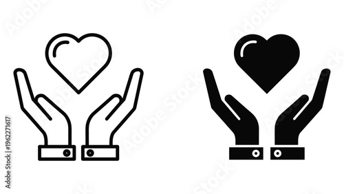Black and white hands holding heart outline and solid