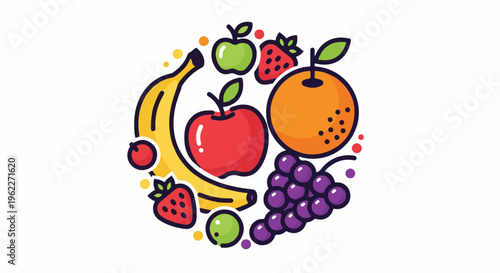 A vibrant, illustrated cluster of assorted fruits arranged in a circular pattern