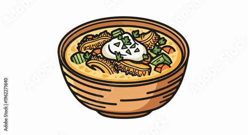 A vibrant illustration of a steaming bowl of soup with toppings
