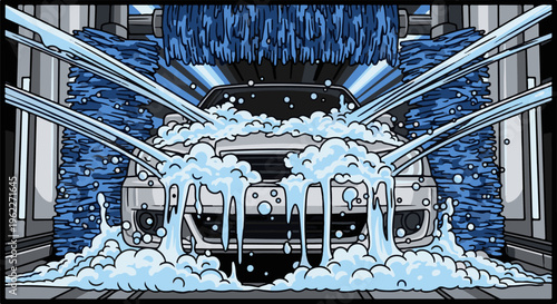 Auto scrubbing with water and foam, car undergoing cleaning