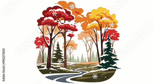 A stylized woodland scene shows trees with red, orange, and yellow leaves dusted with snow