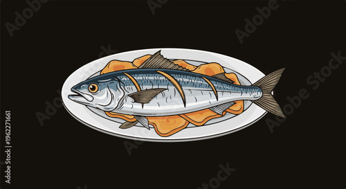 A whole grilled fish served on a plate with golden orange slices