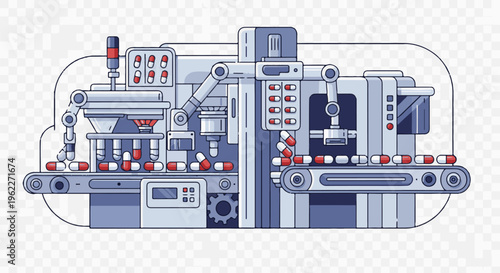 Automated capsule production line with robotic arms and conveyor belts