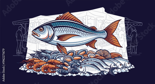 A vibrant illustration of fresh seafood displayed at an outdoor market