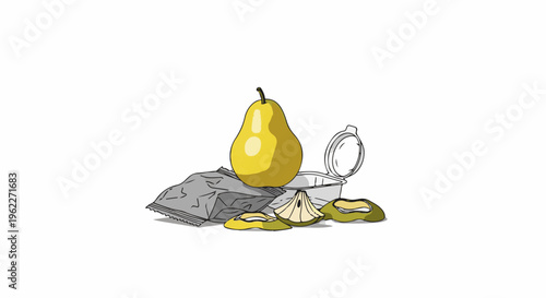A whole pear sits atop a snack bag next to a dip container