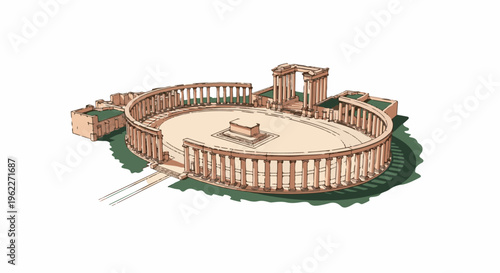 Ancient amphitheater with colonnade, central altar, and tiered seating