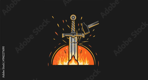A sword is being forged in a blacksmith's fire with sparks flying