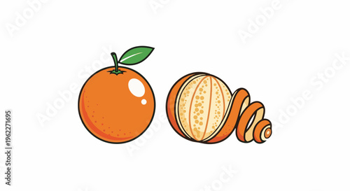 A whole orange sits next to a peeled orange with its skin spiraled around