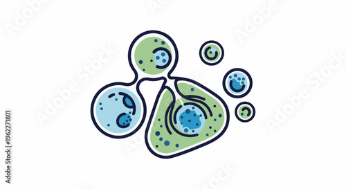 Abstract illustration of cellular structures with green and blue organic shapes
