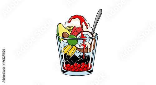 A tall glass filled with ice, fruit, and red syrup