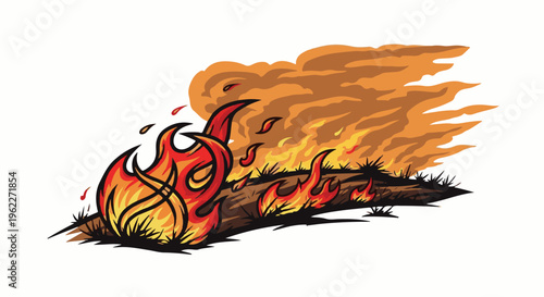 A wild fire burns through dry grass with large orange smoke plumes