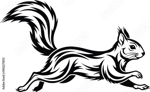 Running squirrel silhouette black and white vector illustration of wild animal with bushy tail isolated on white background for nature logo and creative branding