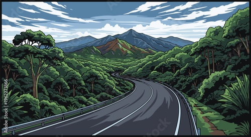 A winding asphalt road leads through a lush forest towards distant mountains