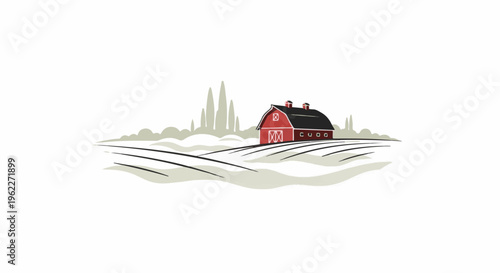 A stylized red barn sits atop rolling hills under a gray sky