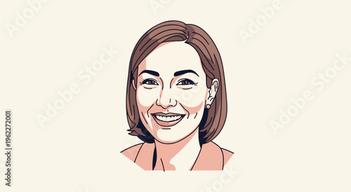 A stylized portrait of a woman with short brown hair, smiling broadly