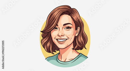 A stylized portrait of a young woman with wavy brown hair and dimples