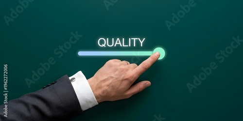 Caucasian Male Suit Hand Adjusting Quality Slider Button Close-Up Eye-Level Deep Dark Teal Background Pristine High-Resolution Visual Composition