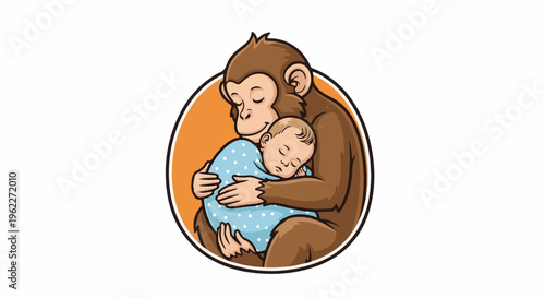 A tender illustration of a monkey embracing a sleeping infant