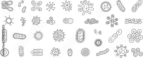 Various black and white of different types of microorganisms and bacteria shapes circles