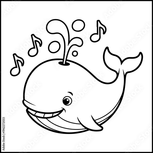 Whimsical whale singing music notes ocean coloring page comfy flat design vector illustration
