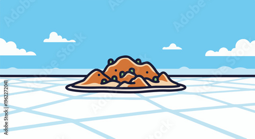 A stylized plate of food sits on a flat, grid-patterned surface under a blue sky