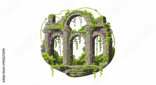 Ancient ruins overgrown with lush green vines and foliage