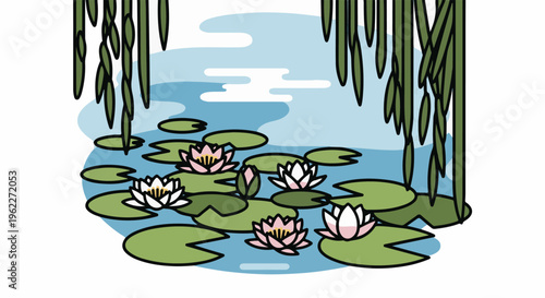 A stylized pond scene with drooping green foliage and lily pads