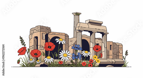 Ancient ruins with blooming poppies, daisies, and cornflowers