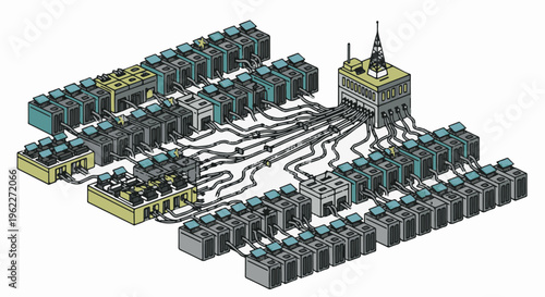 Abstract isometric illustration of a complex, interconnected system of modular units