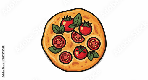 A stylized pizza with fresh tomatoes and green basil leaves