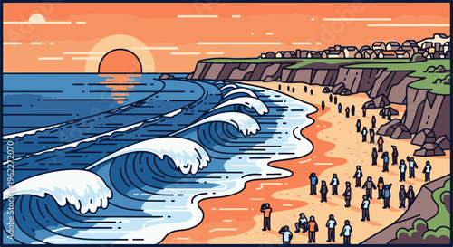 A vibrant pixel art scene of a coastal town at sunset with people on the beach